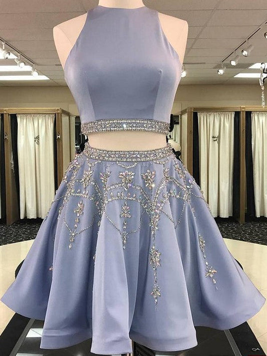 A-Line Sleeveless Bateau Charmeuse With Beading Short/Mini Two Piece Prom Dress
