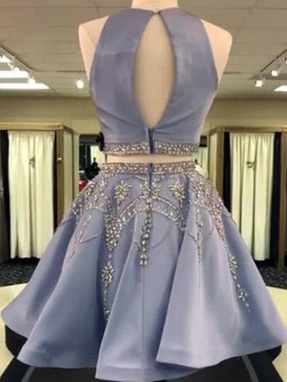 A-Line Sleeveless Bateau Charmeuse With Beading Short/Mini Two Piece Prom Dress