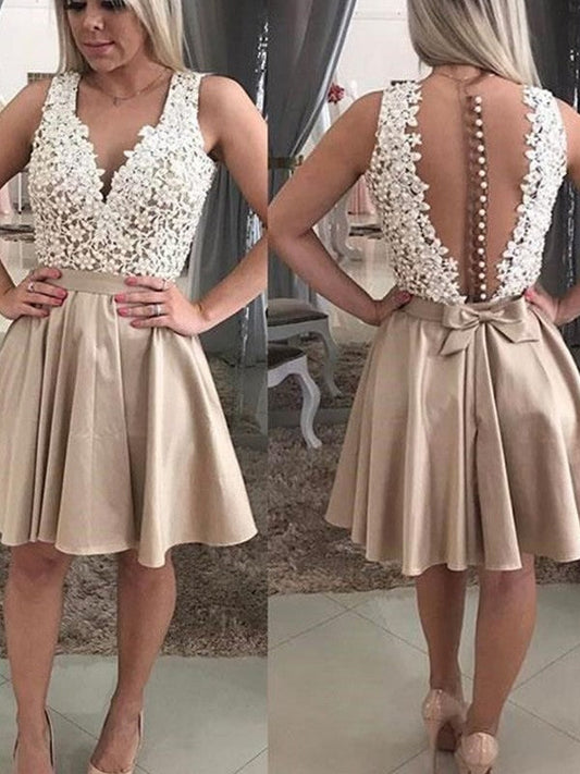 A-Line Sleeveless With Beading V-neck Satin Short/Mini Prom Dress