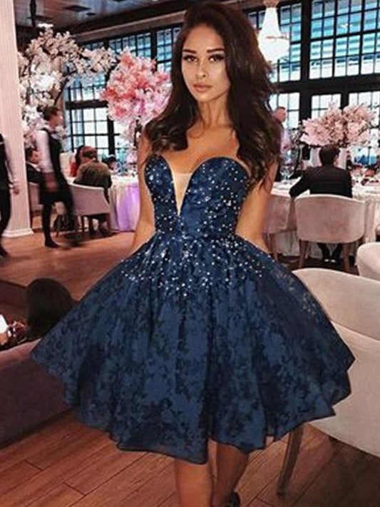 A-Line Sleeveless Sweetheart Satin With Beading Short/Mini Prom Dress
