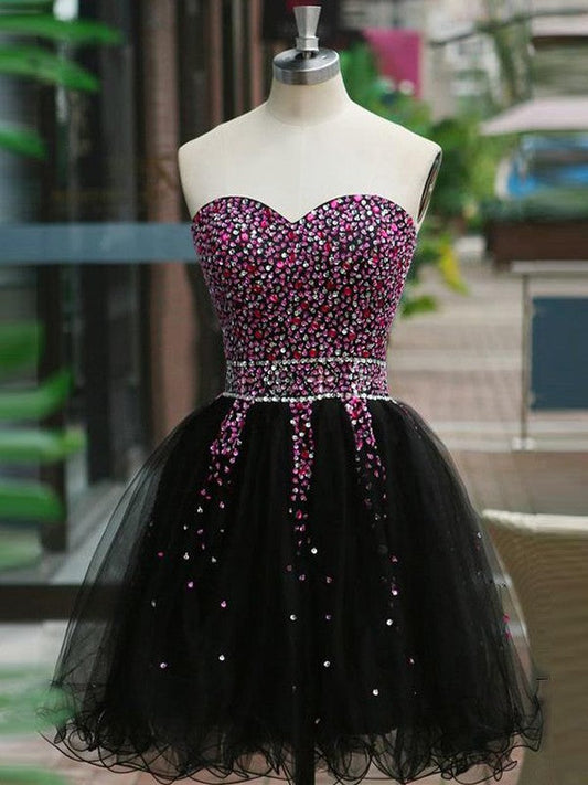A-Line Sleeveless Sweetheart Tulle With Beading Short/Mini Prom Dress