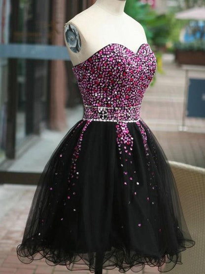 A-Line Sleeveless Sweetheart Tulle With Beading Short/Mini Prom Dress