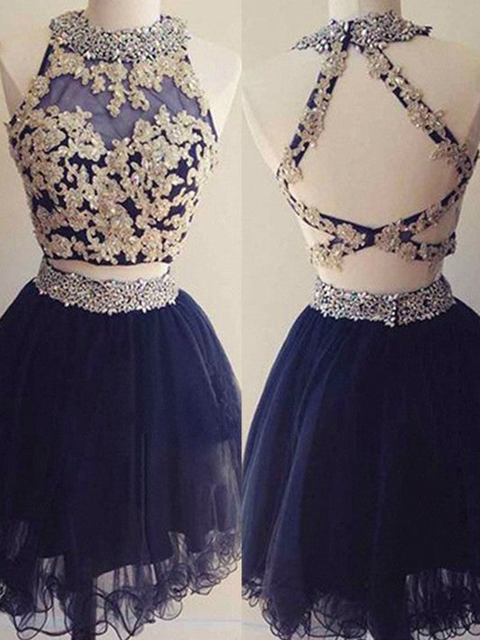 A-Line Sleeveless Halter Tulle With Beading Short/Mini Two Piece Prom Dress