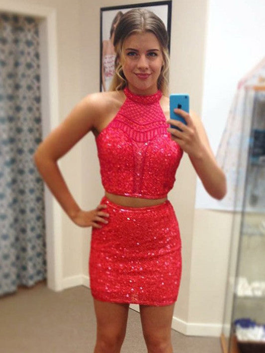 Sheath Sleeveless Halter Sequins With Beading Short/Mini Two Piece Prom Dress