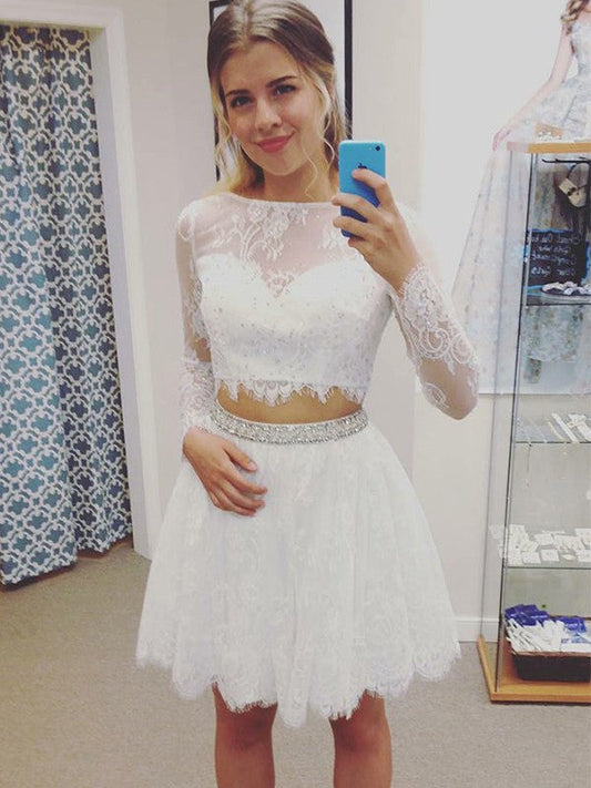 A-Line Lace Long Sleeves Rhinestone Bateau Short/Mini Two Piece Prom Dress