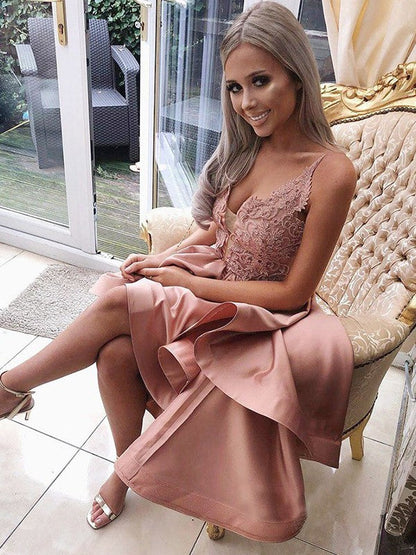 A-Line Satin Spaghetti Straps With Applique Sleeveless Asymmetrical Prom Dress