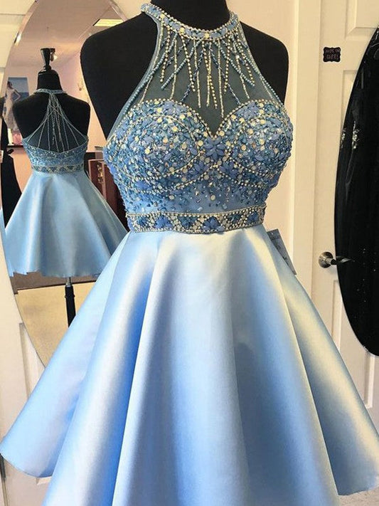 A-Line Halter Satin Sash/Ribbon/Belt Sleeveless Short/Mini Prom Dress