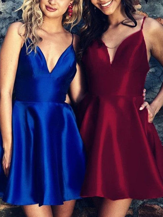 A-Line With Ruffles Satin Spaghetti Straps Sleeveless Short/Mini Prom Dress
