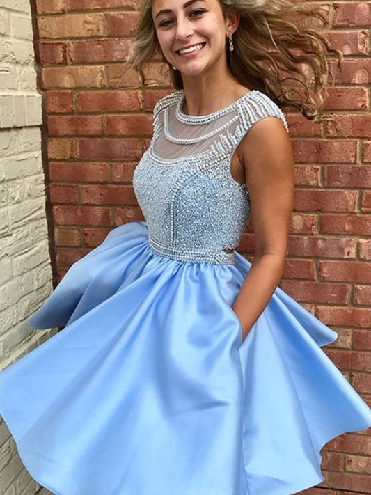 A-Line Satin Scoop With Beading Sleeveless Short/Mini Prom Dress