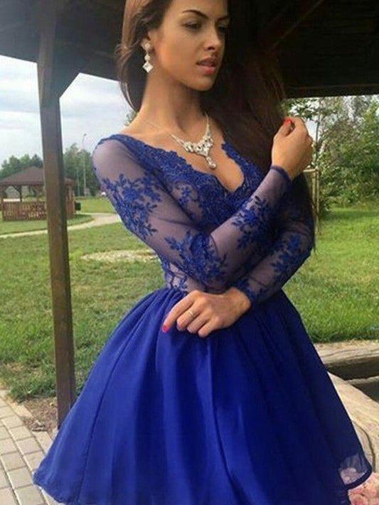 A-Line Chiffon V-neck With Applique Long Sleeves Short/Mini Prom Dress