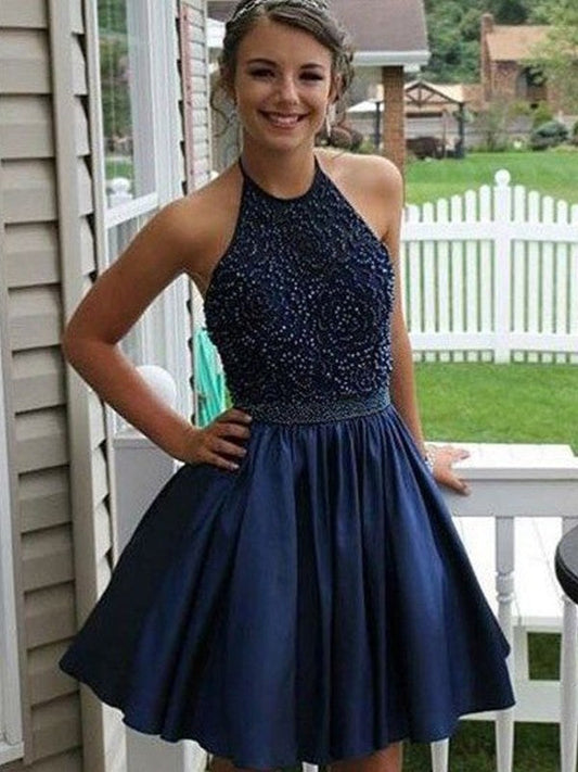 A-Line With Beading Satin Halter Sleeveless Short/Mini Prom Dress