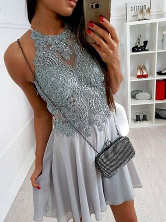 A-Line Chiffon Halter With Applique Sleeveless Short/Mini Prom Dress
