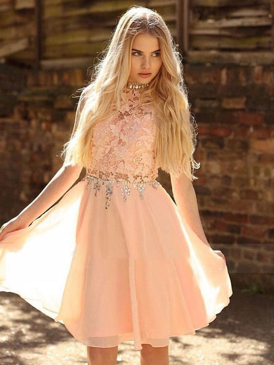A-Line Sleeveless High Neck Chiffon With Beading Knee-Length Homecoming Dress