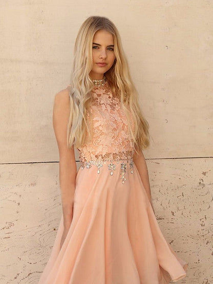 A-Line Sleeveless High Neck Chiffon With Beading Knee-Length Homecoming Dress
