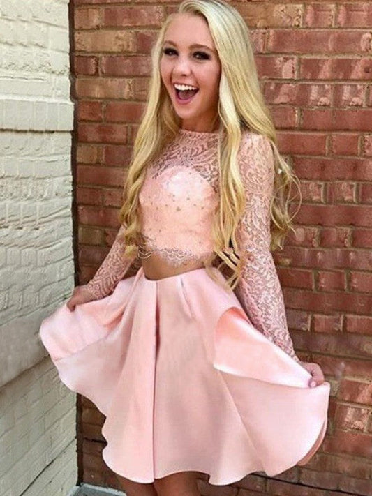 A-Line Long Sleeves High Neck Satin With Lace Short/Mini Two Piece Homecoming Dress