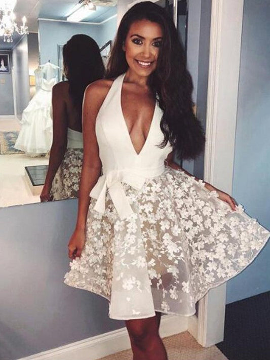A-Line Sleeveless Halter Organza With Applique Short/Mini Homecoming Dress