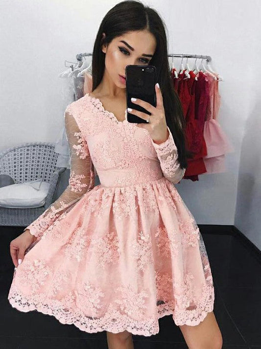 A-Line Lace Long Sleeves With Applique V-neck Short/Mini Homecoming Dress