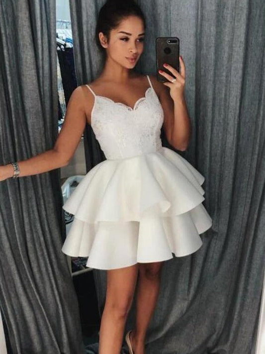 A-Line Satin With Ruffles Spaghetti Straps Sleeveless Short/Mini Homecoming Dress