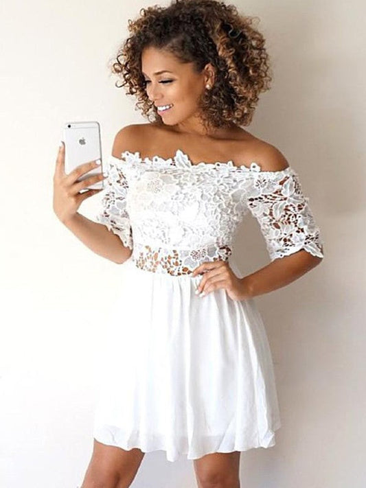 A-Line Chiffon With Applique Off-the-Shoulder 1/2 Sleeves Short/Mini Homecoming Dress