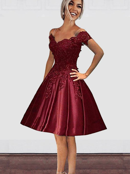 A-Line Off-the-Shoulder Sleeveless Knee-Length With Applique Satin Homecoming Dress