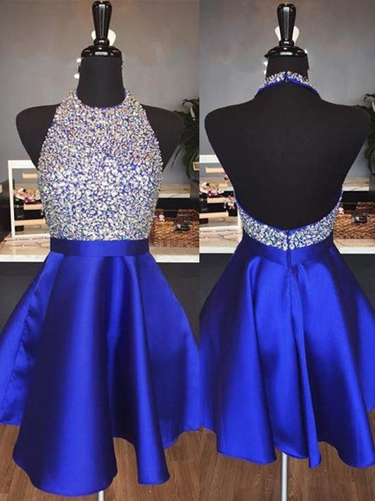 A-Line Halter Sleeveless Short/Mini With Beading Satin Homecoming Dress