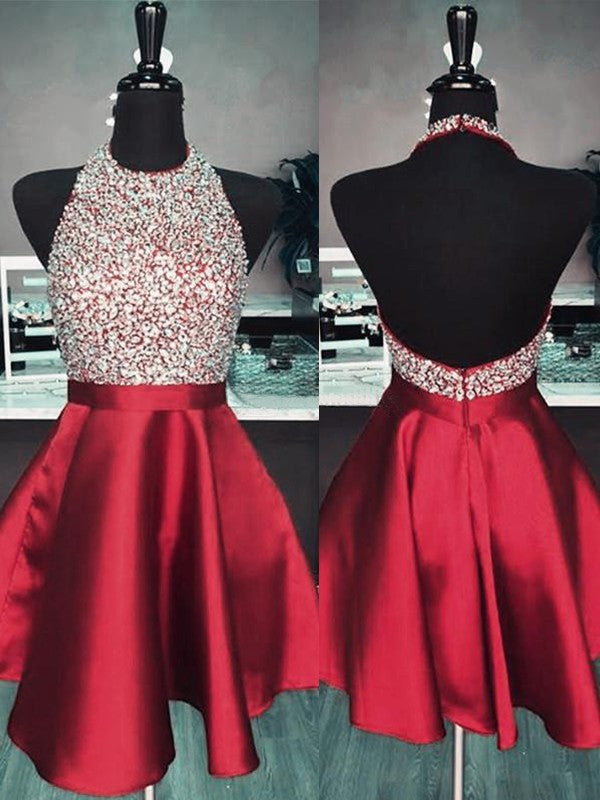 A-Line Halter Sleeveless Short/Mini With Beading Satin Homecoming Dress