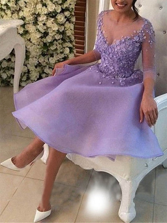A-Line V-neck 3/4 Sleeves Knee-Length With Applique Organza Homecoming Dress