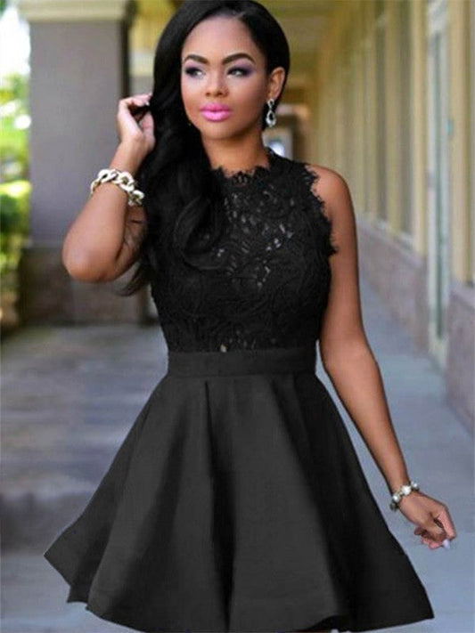 A-Line Jewel Sleeveless Short/Mini With Lace Satin Homecoming Dress