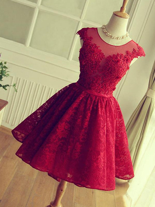A-Line Jewel Sleeveless Short/Mini With Applique Lace Homecoming Dress