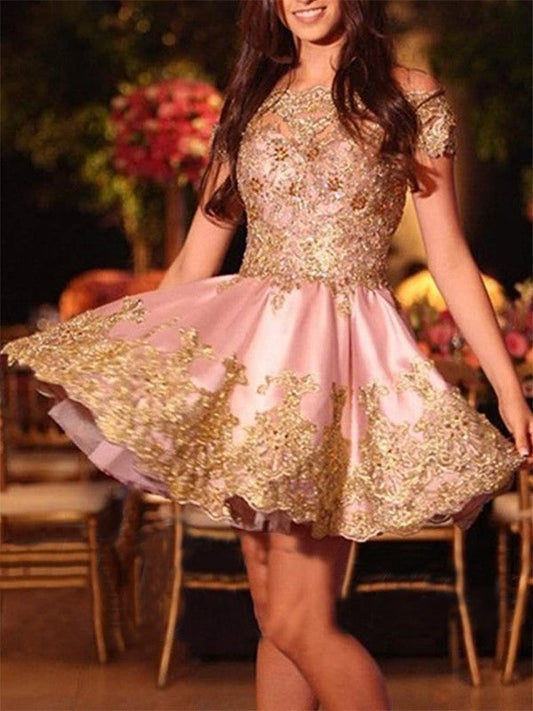 A-Line Off-the-Shoulder Sleeveless Short/Mini With Applique Satin Homecoming Dress