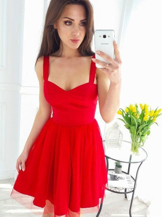 A-Line Sleeveless Straps Tulle With Ruffles Short/Mini Homecoming Dress