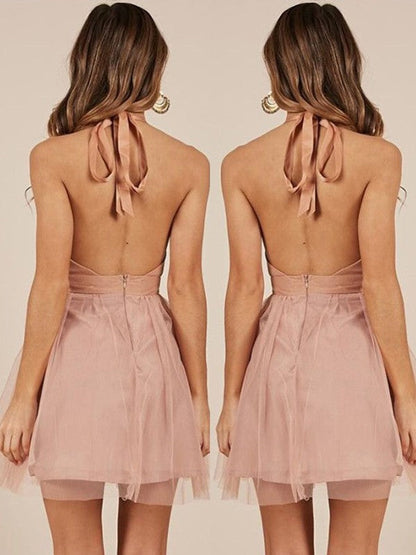 A-Line Sleeveless Halter Tulle With Ruffles Short/Mini Homecoming Dress