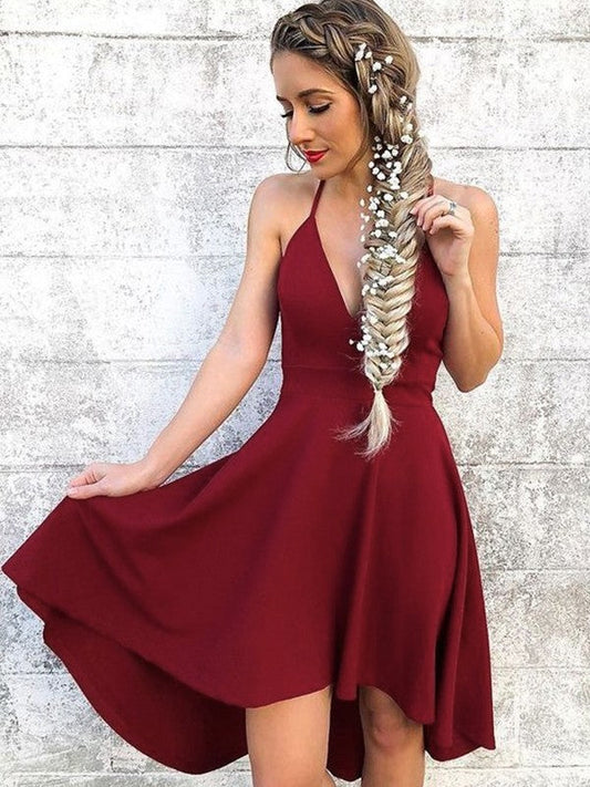 A-Line Sleeveless Halter Stretch Crepe With Ruffles Knee-Length Homecoming Dress