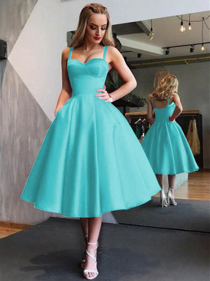 A-Line Straps Satin Sleeveless With Ruffles Tea-Length Homecoming Dress