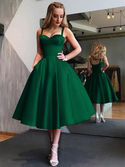 A-Line Straps Satin Sleeveless With Ruffles Tea-Length Homecoming Dress