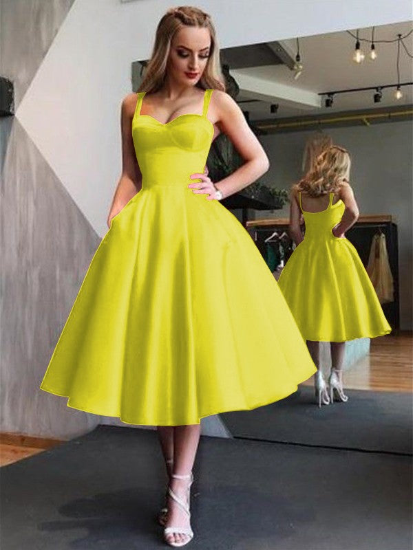 A-Line Straps Satin Sleeveless With Ruffles Tea-Length Homecoming Dress