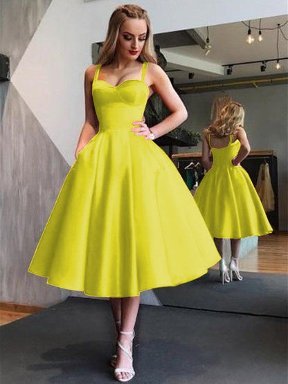 A-Line Straps Satin Sleeveless With Ruffles Tea-Length Homecoming Dress