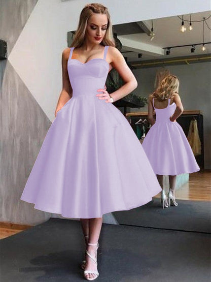 A-Line Straps Satin Sleeveless With Ruffles Tea-Length Homecoming Dress