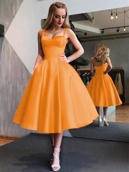 A-Line Straps Satin Sleeveless With Ruffles Tea-Length Homecoming Dress