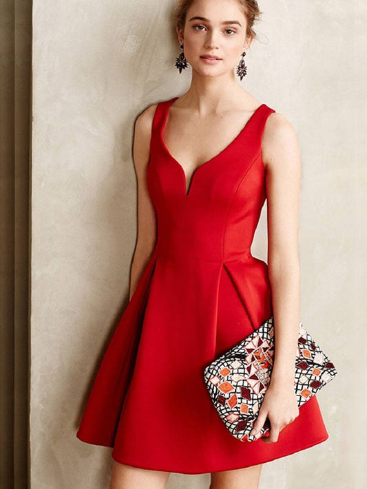 A-Line Satin Sleeveless Short/Mini With Ruffles V-neck Homecoming Dress