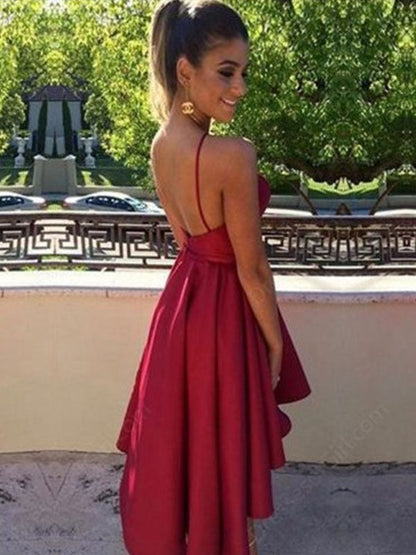A-Line Satin Sleeveless Asymmetrical With Ruched Halter Homecoming Dress