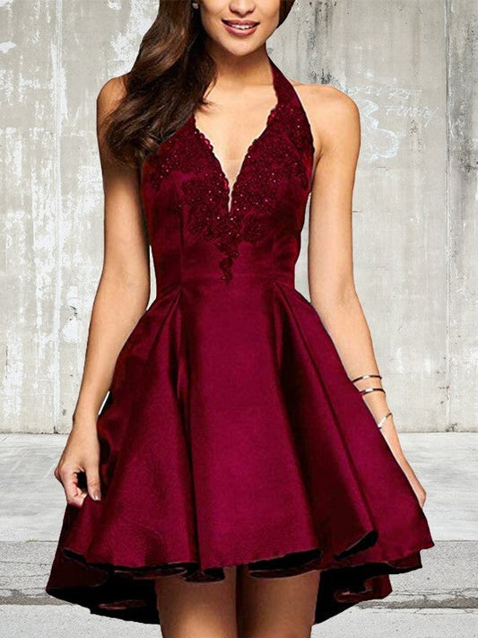 A-Line V-neck Sleeveless Short With Lace Satin Homecoming Dress