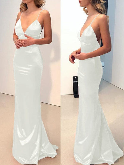 Sheath Spaghetti Straps V-neck Sweep/Brush Train Elastic Woven Satin Prom Dress