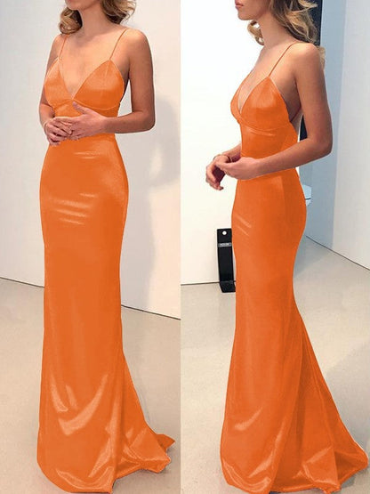 Sheath Spaghetti Straps V-neck Sweep/Brush Train Elastic Woven Satin Bridesmaid Dresses
