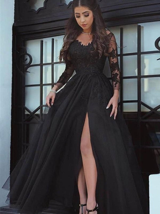 Ball Gown Long Sleeves V-neck Floor-Length Lace With Applique Bridesmaid Dresses