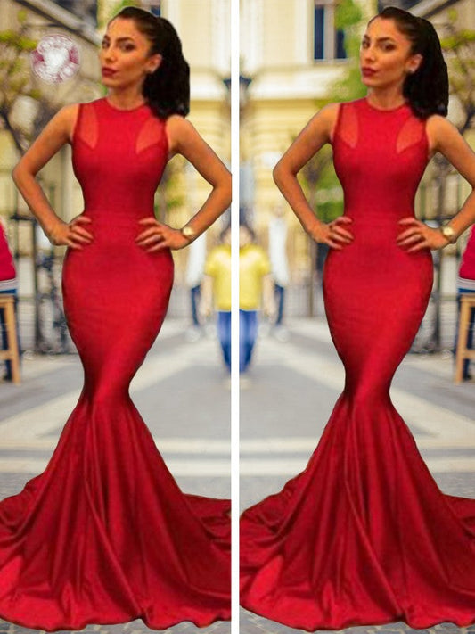 Mermaid Sleeveless Jewel Court Train Elastic Woven Satin Prom Dress