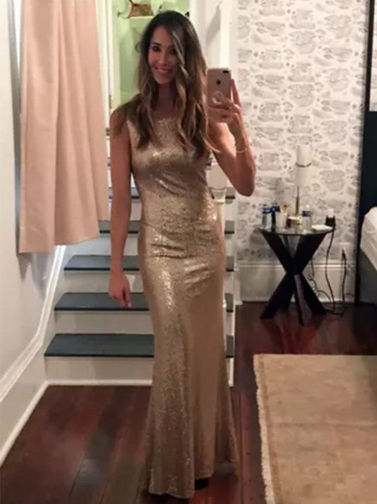 Sheath Sleeveless Bateau Floor-Length Sequins Prom Dress