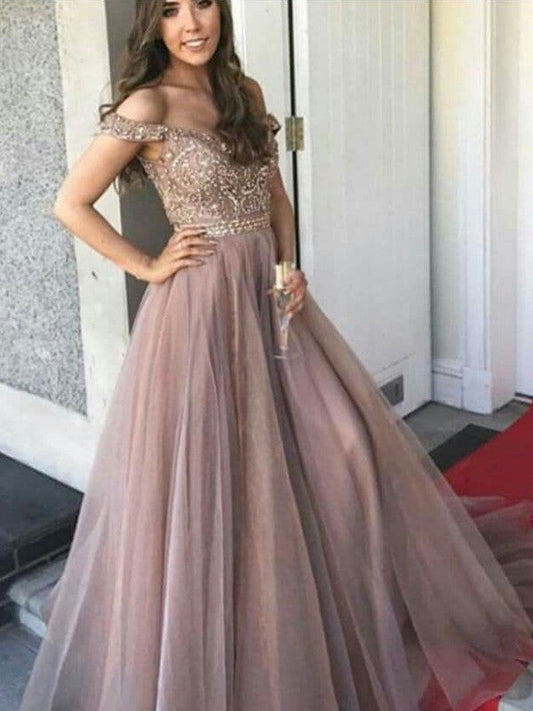 A-Line Sleeveless Off-the-Shoulder Floor-Length Tulle With Beading Prom Dress