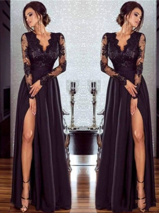 A-Line Long Sleeves V-neck Floor-Length Lace Satin Chiffon With Applique Prom Dress