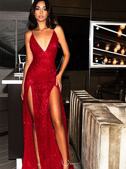 Sheath Sleeveless V-neck Sweep/Brush Train Sequins Prom Dress